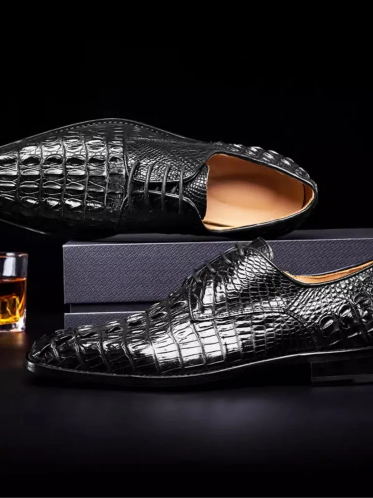 Business Casual Mens Crocodile Skin Genuine Leather Dress Shoes Pointed Toe Lace Luxury British Style Mens Derby Shoes Size 45