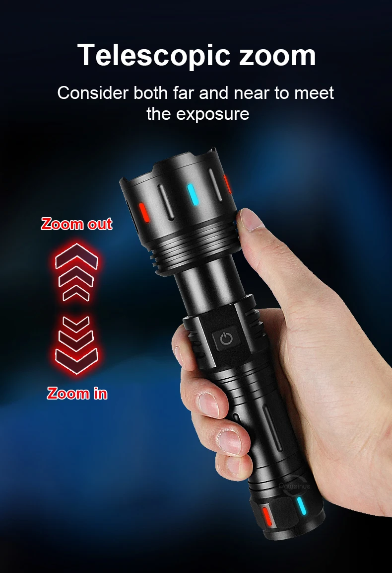 Torcia LED super potente, ricaricabile, 500.000 lumen, 5 modalità di zoom, impermeabile IP67, perfetta per campeggio, escursionismo e pesca | Leroy Merlin