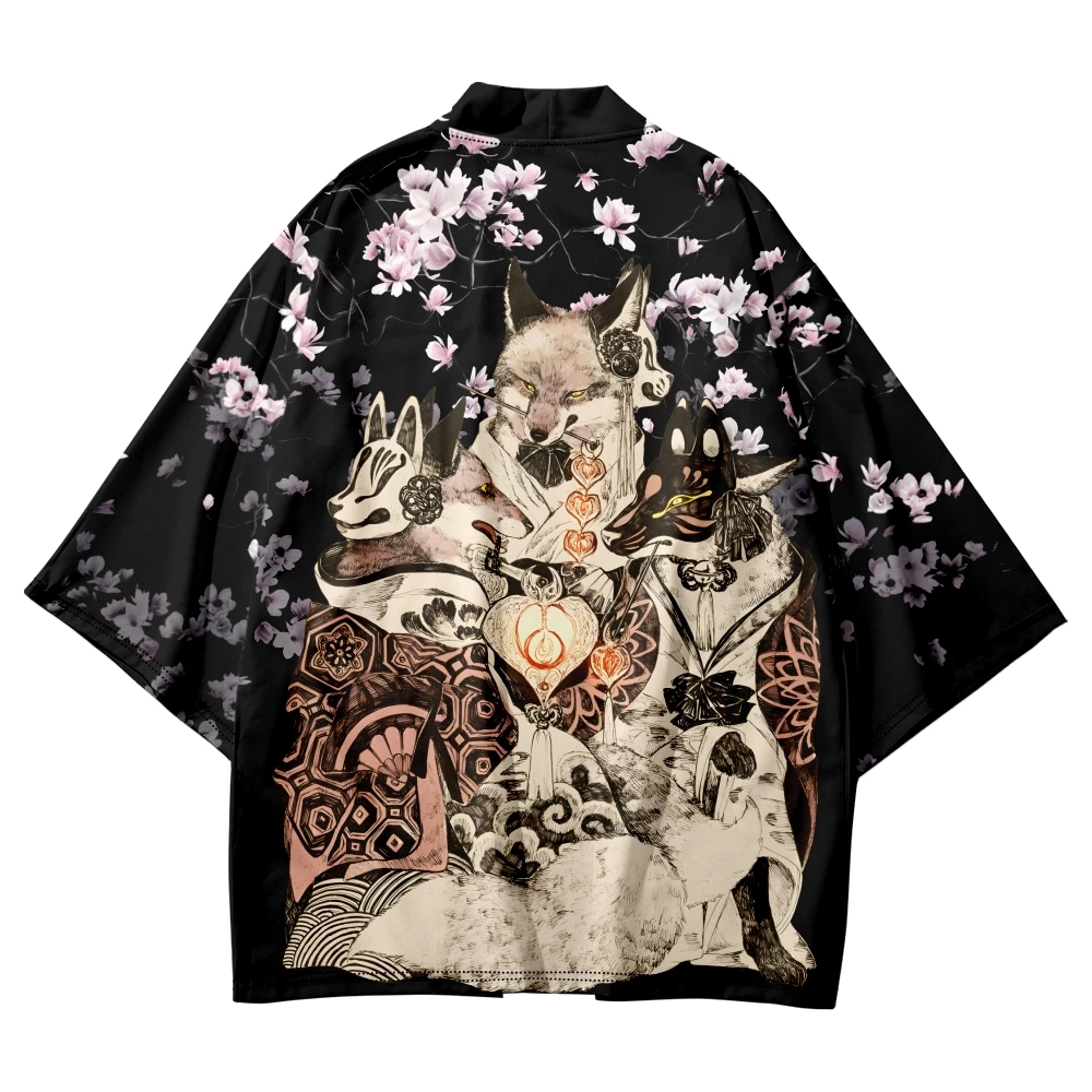 

Traditional Japanese Inari God Fox Print Kimono Cosplay Haori Obi Women Men Cardigan Beach Yukata Asian Clothing Plus Size 6XL