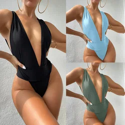 Swimsuits for Women 2023 Fashionable Solid Color Deep V Slim Beach Outfit Sense of Design One Piece Swimwear Open Back Bikini