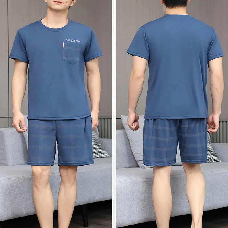 Men Pajamas Sleepwear O-Neck Striped Short Sleeve Shorts Loungewear Easy to Clean 2PCS/Set