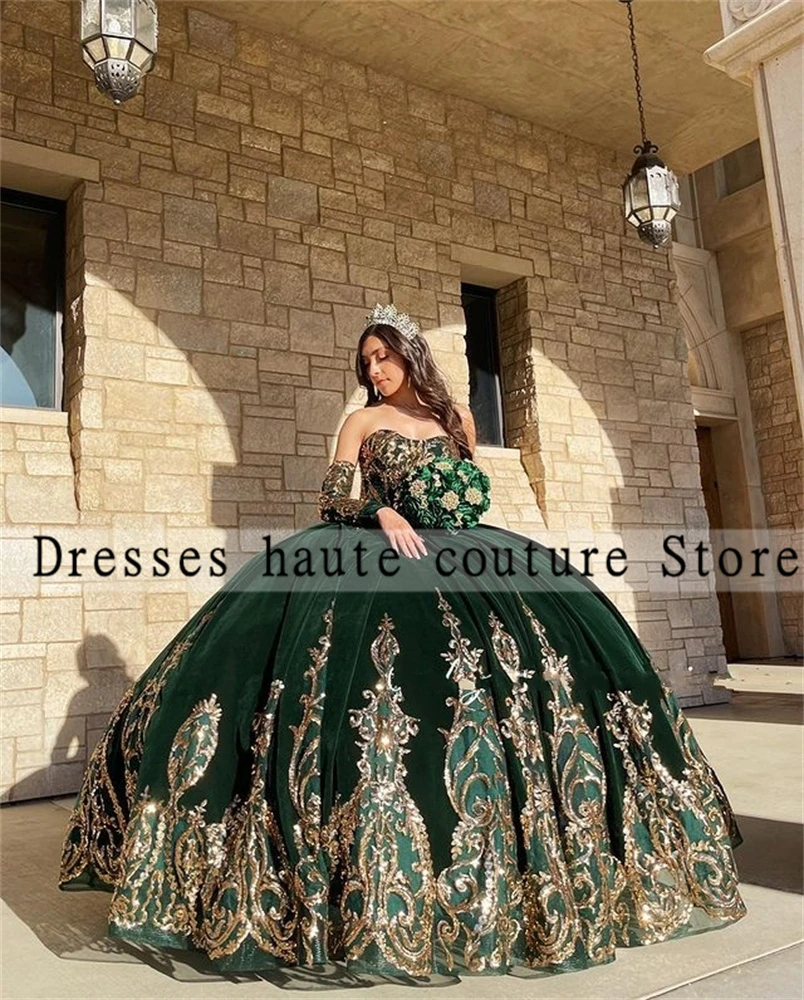 Vestido de terciopelo verde esmeralda para quinceañera, Vestido de fiesta de  cumpleaños de lujo con apliques en La Manga, 2023| | - AliExpress