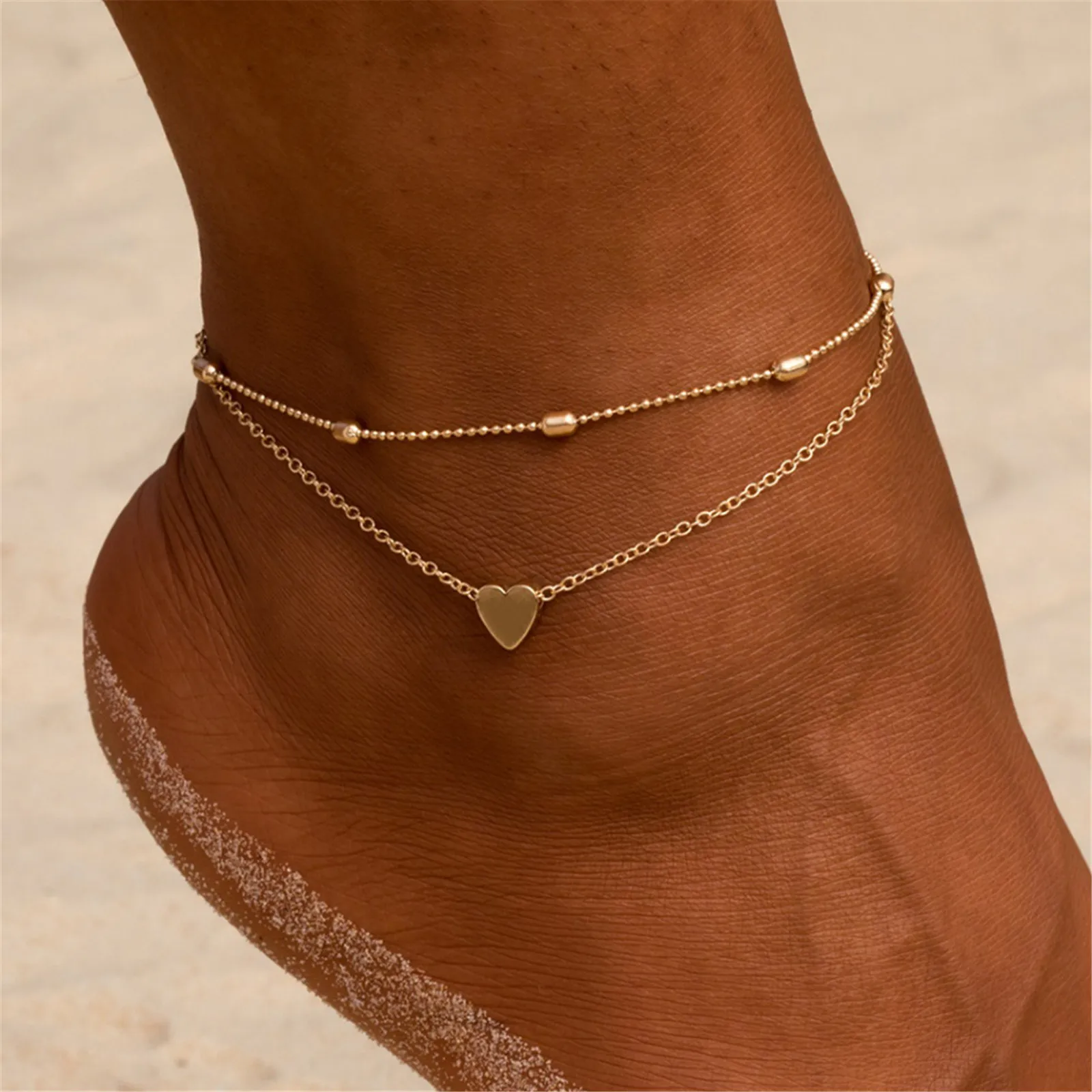 Silver Anklet Bracelet Ankle Chains Beads Anklet Women's Anklet Bohemian Layered Heart Anklet Summer Fashion Beach Anklets On Foot Ankle Bracelets For Women Leg Chain
