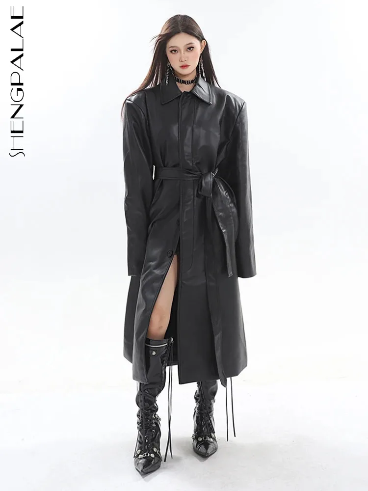 

SHENGPALAE 2024 Spring New Pu Leather Trench For Women Lapel Lace Up Waist High Quality Straight Windbreaker Coat Female 5R7373