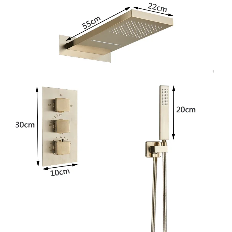 Description Picture 4 of itemBrushed Gold Thermostatic Bathroom Shower Faucet In Wall Bath and Set Mixer Bath and Rainfall Shower