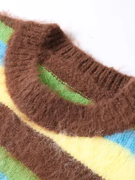 Mohair Striped Elegant Sweater Women Oversize Long Sleeve Contrast Color O-neck Pullover Female Jumper 2024 Autumn Colorful Tops 5