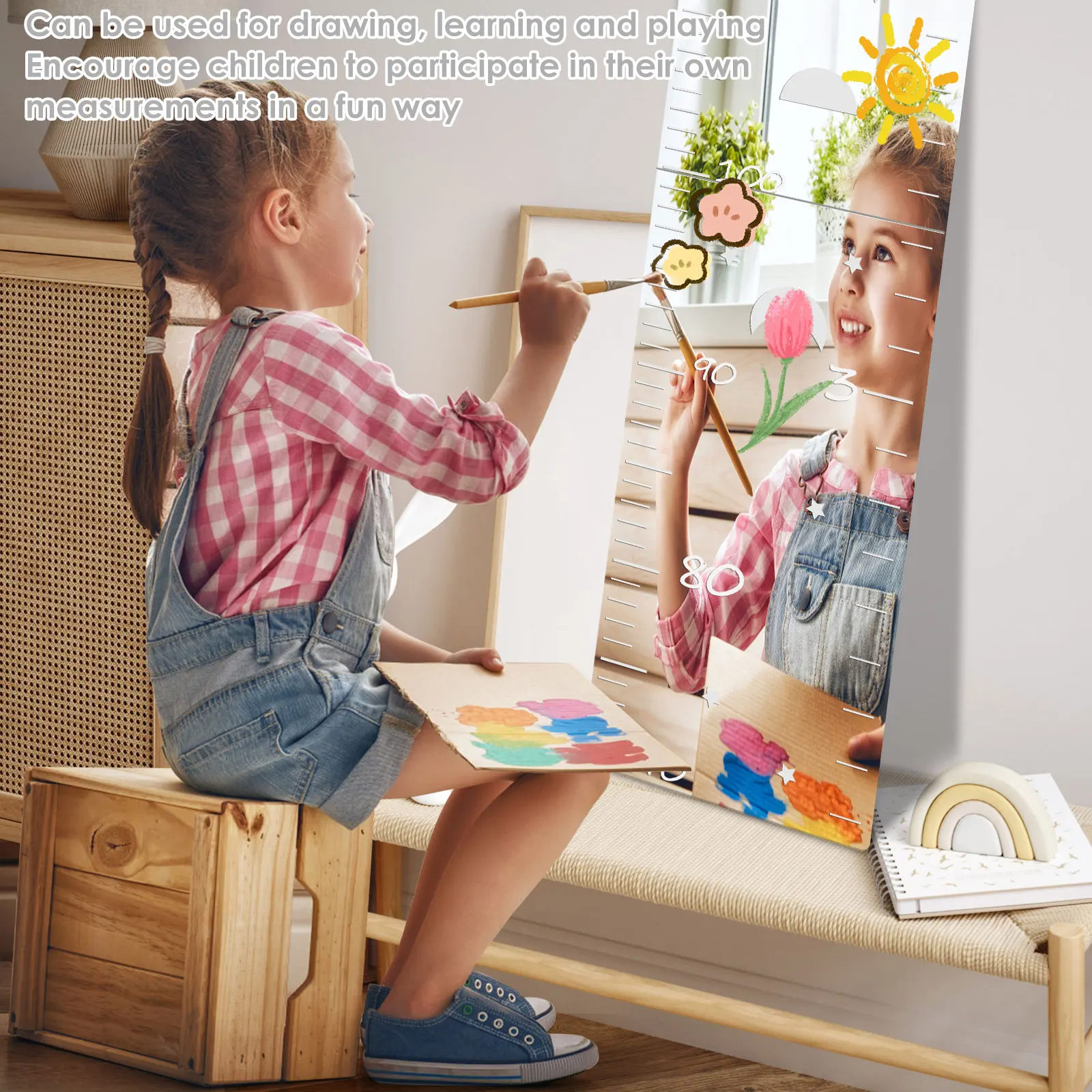4Pcs Acrylic Wall Mirror with Growth Chart Children's Growth Height Ruler Home Decor Wall Mirror Stickers for Kids Room Nursery
