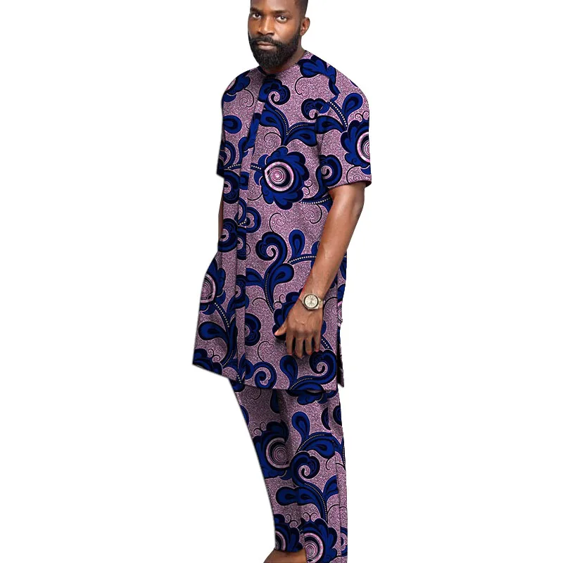 African Print Men's Set Long Placket Tops+Elastic Waist Trousers Nigerian Fashion Short Sleeves Groom Suit For Wedding/Party