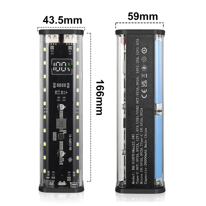 Battery Charger Power Bank Case PD 20W DIY for 8PCS 18650 Polymer 30000mA Battery