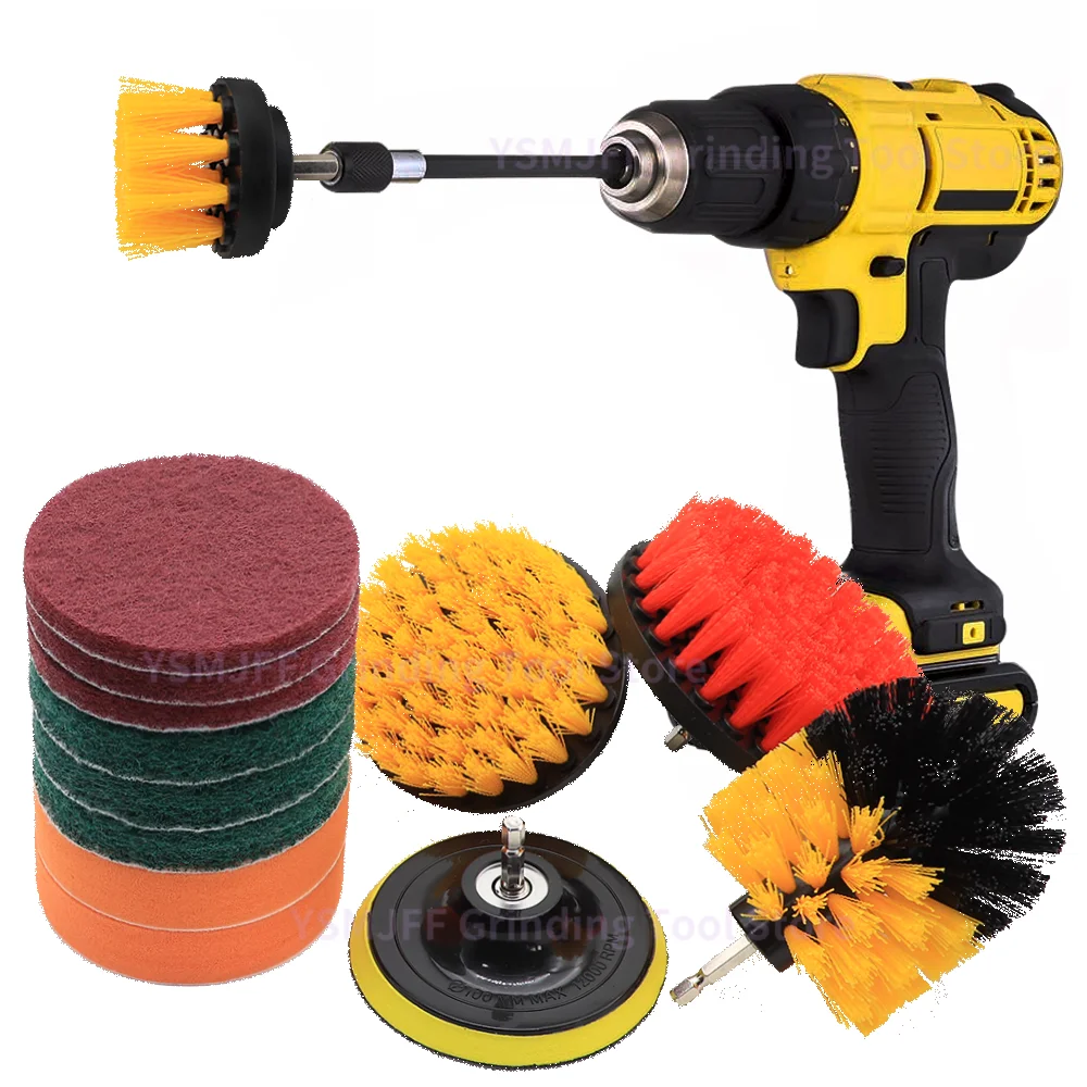 Drill Brush Attachment Set Drill Clean Brush Scouring Sponges Pads Electric Car Detailing Set 14 PCS for Bathroom