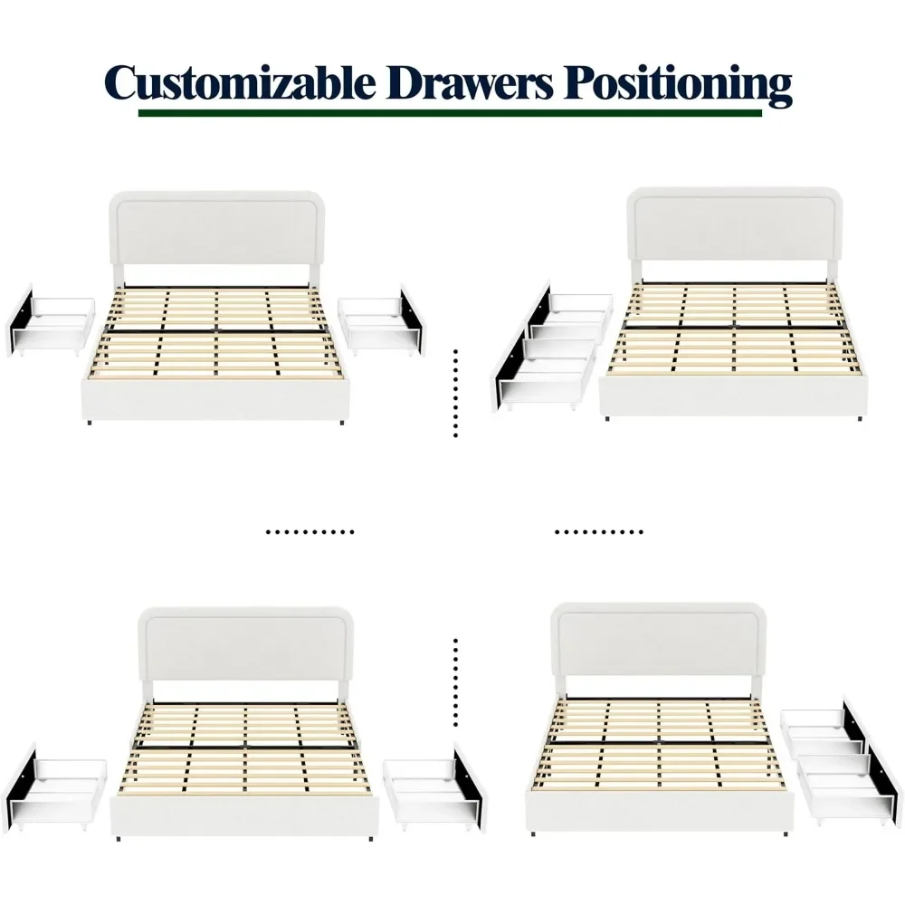 Bed with Storage,Queen Size Platform Bed Frame with 2 Drawers,Curved Stitched Tufted Headboard, Wooden Slat Mattress Support 4