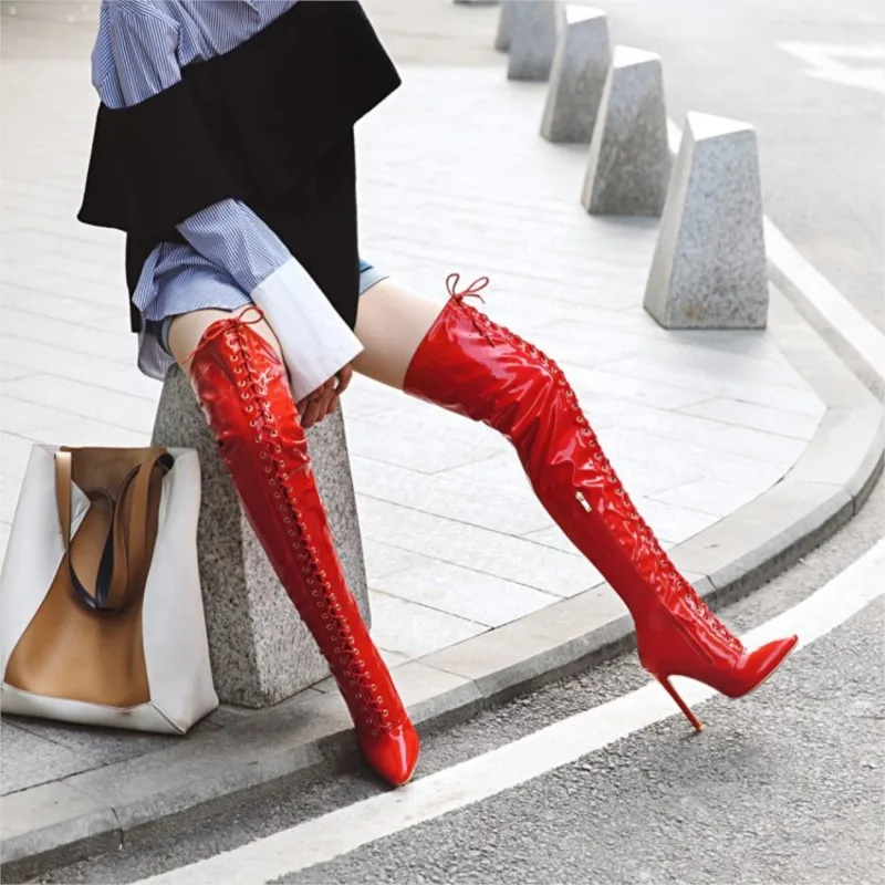 

Red Heels Long Boots Women Sexy Over the Knee High Boot Female Lace-up Patent Night-club DanceFetish Party Shoes Lady Big Size