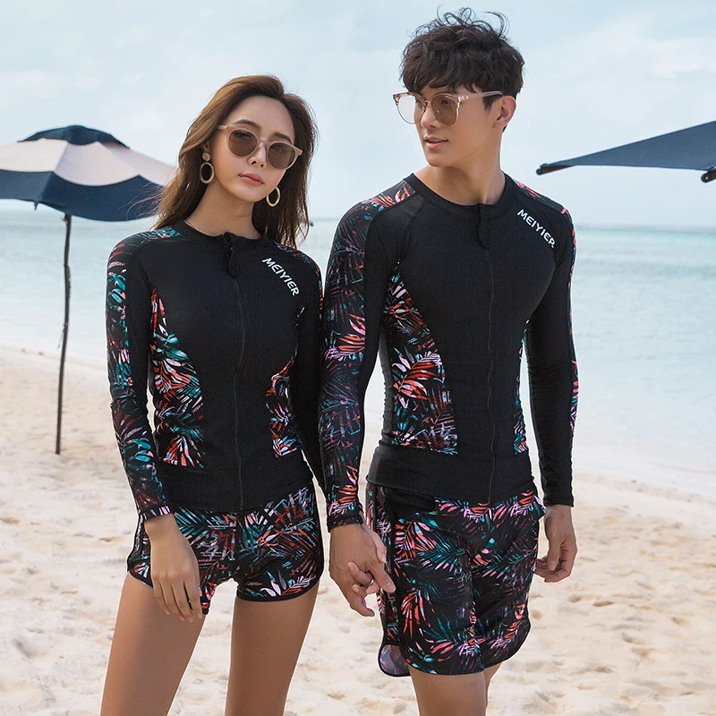 New Korean Style Men&lsquo;s Rush Guard Long Sleeve Swimsuit UPF 50+ Surfing Shirt+Shorts+Leggings Rashguard Set For Male Plus L-3XL