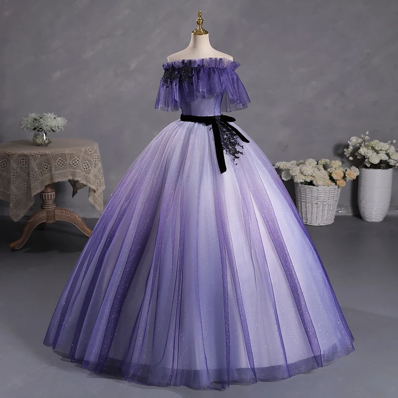 

Formal Occasion Purple off-Shoulder Gown Art Exam Vocal Performance Dress Pettiskirt Annual Meeting Host Evening Dress Women