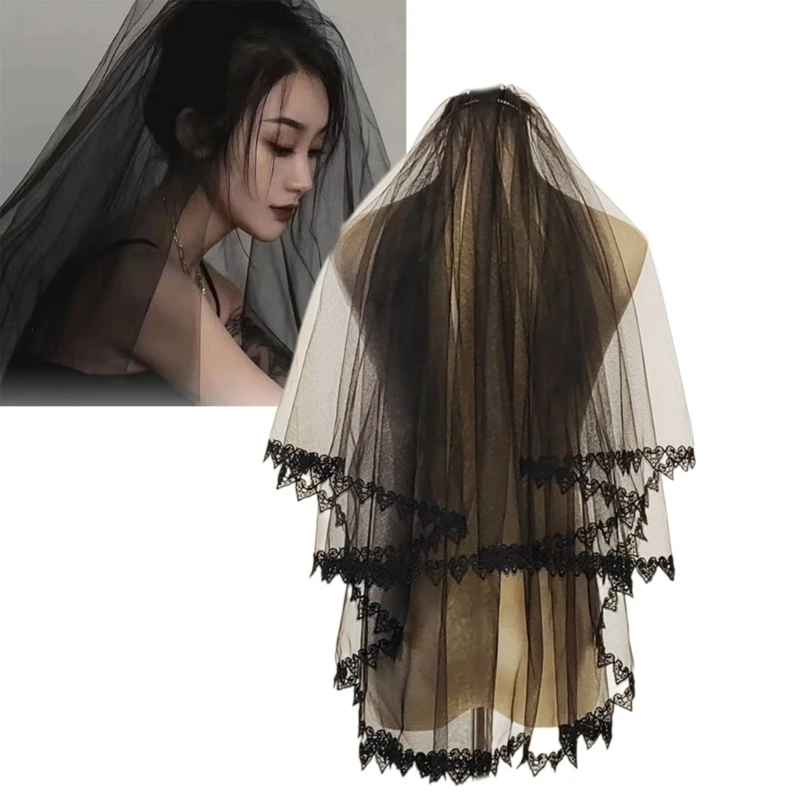 

White/Black Wedding Bride Yarn Veil with Lace Heart Trim Girls Bride Veil Long Tulle Wedding Tiaras for Halloween Women