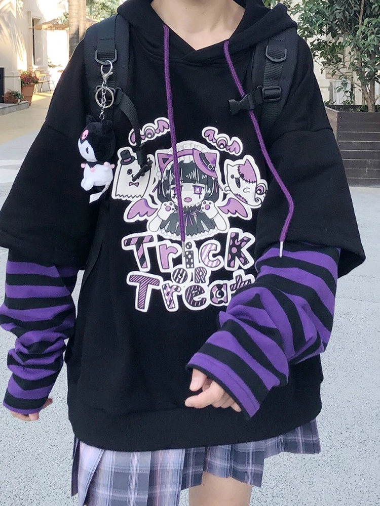 Sudaderas de Anime Harajuku niñas, Top de dos piezas falso a rayas de manga larga Y2k, Jersey BF, sudadera japonesa para adolescentes|Sudaderas con capucha y sudaderas| - AliExpress