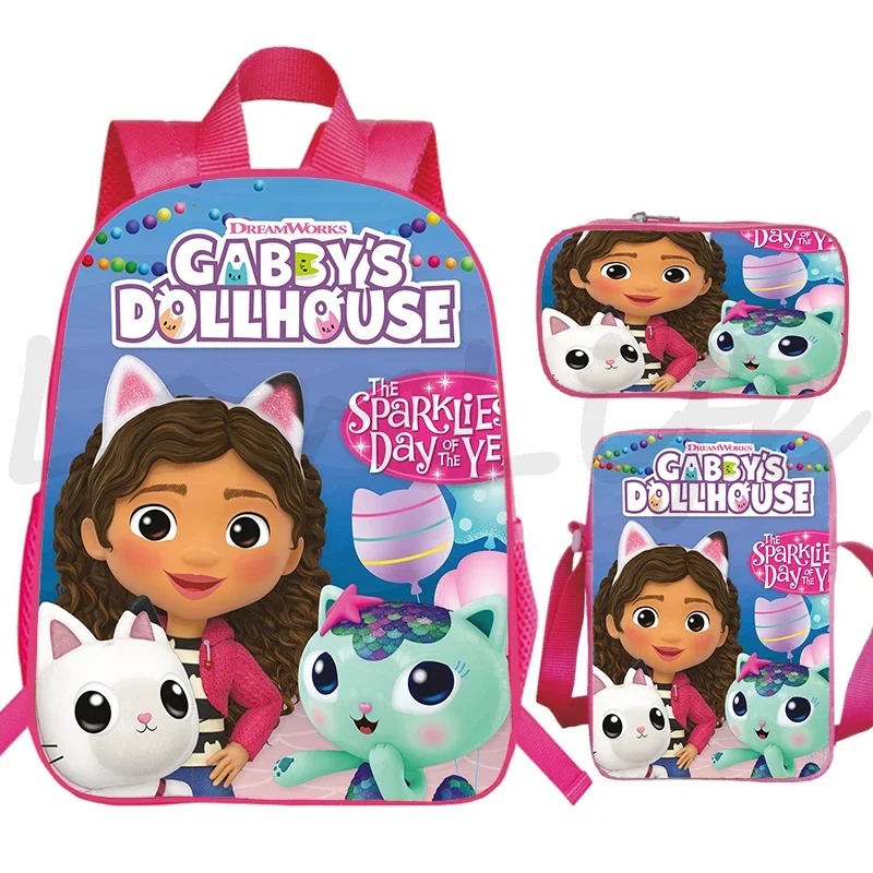 

3Pcs Set Gabbys Dollhouse Backpacks Students Anime School Bag Boys Girls Book Bag kids Backpack Children Daily Daypack Mochila