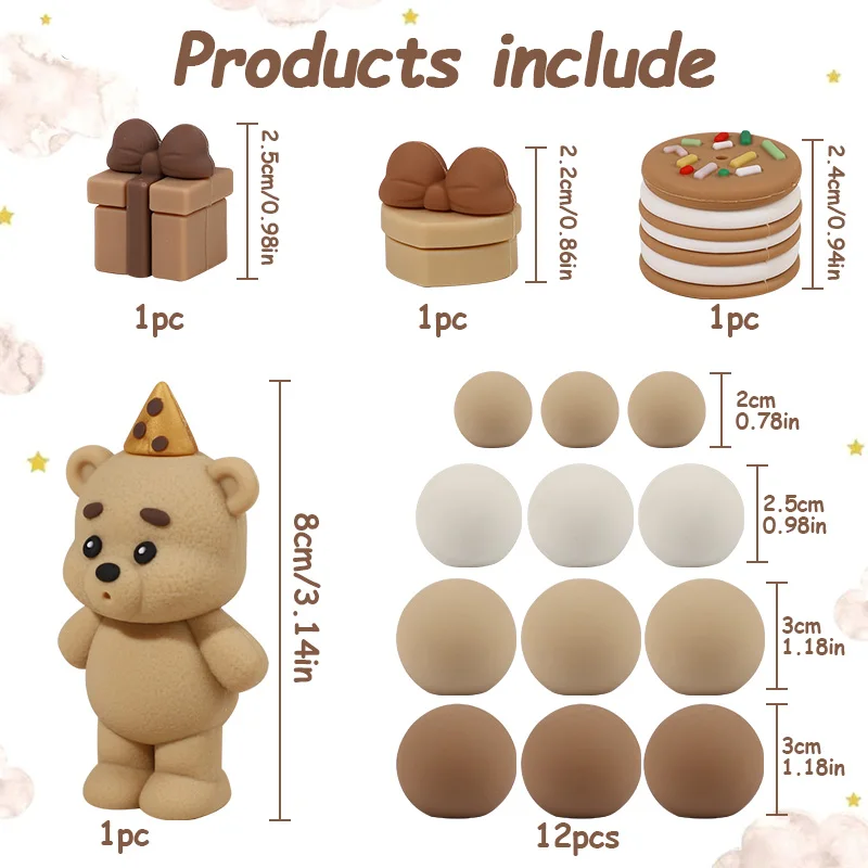 16pcs/set Bear Balls Cake Topper for Kids Boy Girl 1st Birthday Party Decoration INS Style Cake Decor Teddy Theme Baby Shower