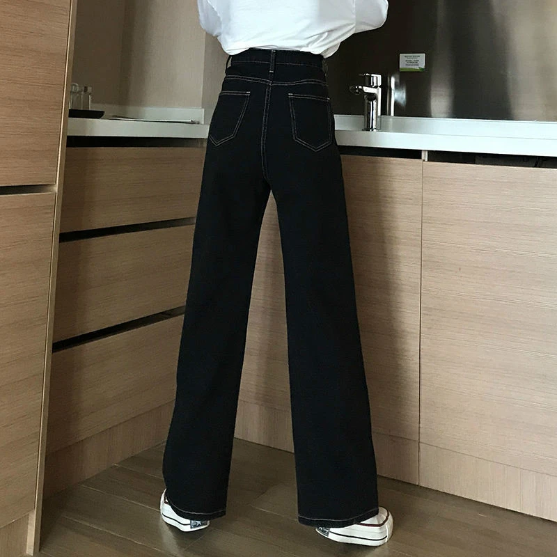 여성용 블랙 청바지 와이드 레그 스트리트웨어, 심플한 올매치 한국 패션, 인기 있는 젊은 용수철 하이 웨이스트 바지, 데일리 캐주얼 인스타