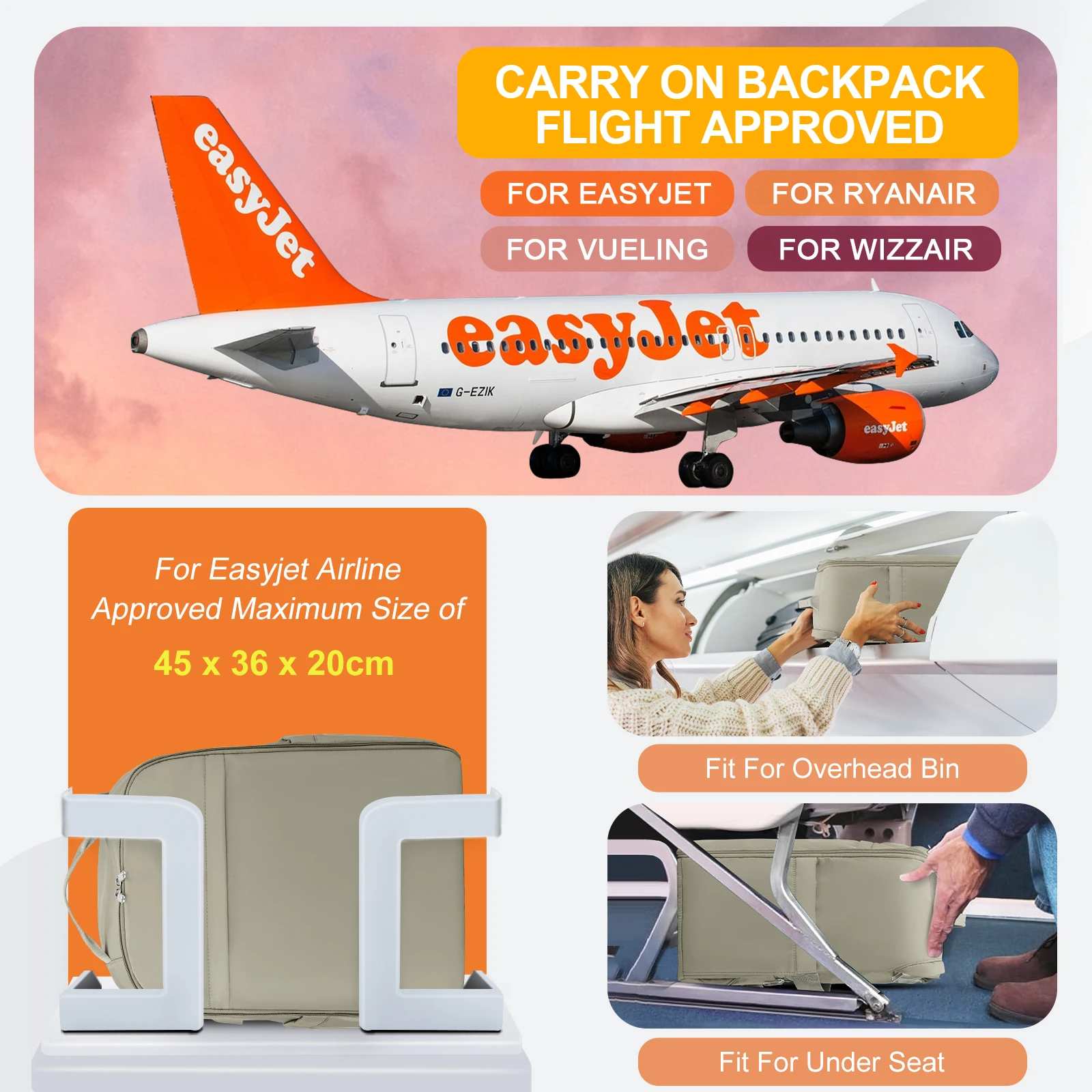 Easyjet Cabin Bag 45x36x20, Hand Luggage Travel Backpack Laptop Backpack for Women/Men，Travel Suitcase Bag Wizzair Carry On