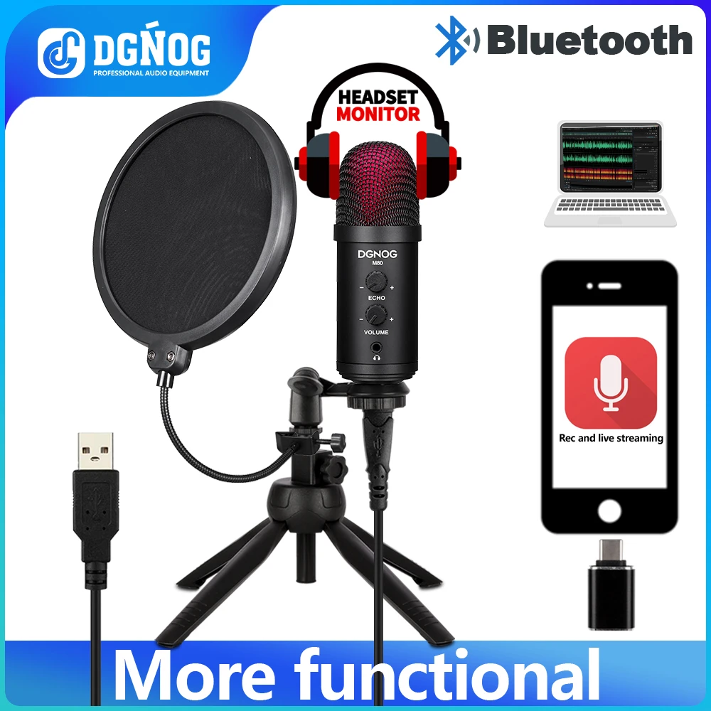 DGNOG  M80 USB Capacitor Bluetooth Microphone with Bracket Popular Filter type-C Converter Suitable for PC Game and  Music Lover