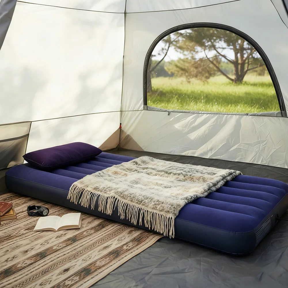 Blue Foldable Air Mattress with Pump - Multi-Size Flocking Sleeping Pad & Inflatable Pillow, Portable for Home Guest & Camping Trips (Single/Double)