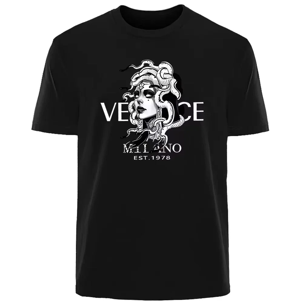 Luxury Summer T-Shirt - Men's Breathable Cotton Knit Medusa Print Tee for Daily Commuting