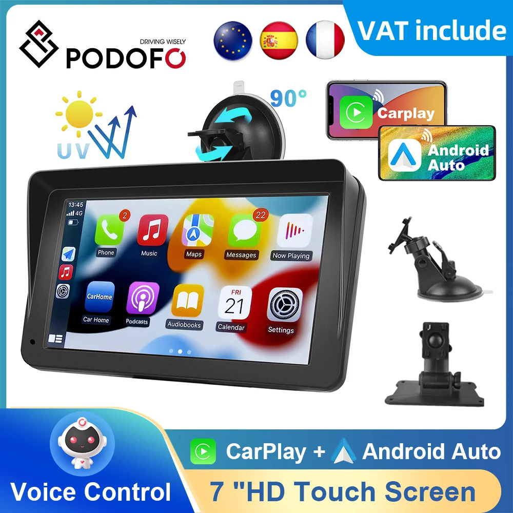 Podofo 7 ''Monitor Universale Per Auto Carplay Screen Carplay E Android Auto Touch Screen Monitor Autoradio Cruscotto Controllo Vocale