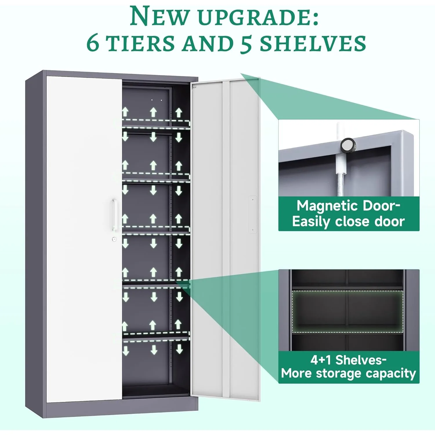 Metal Storage Cabinet with Lock Door and 5 Shelves,6 Tier Steel Garage Tool Cabinet 72" H X 36" W X18 D (White Gray) 5