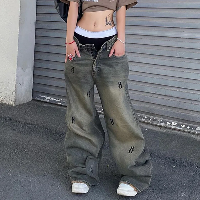 

Loose-fitting Worn-out Print Women’s Jeans for Autumn, Street-style Trendy Straight-leg Casual Wide Leg Denim Pants for Girls