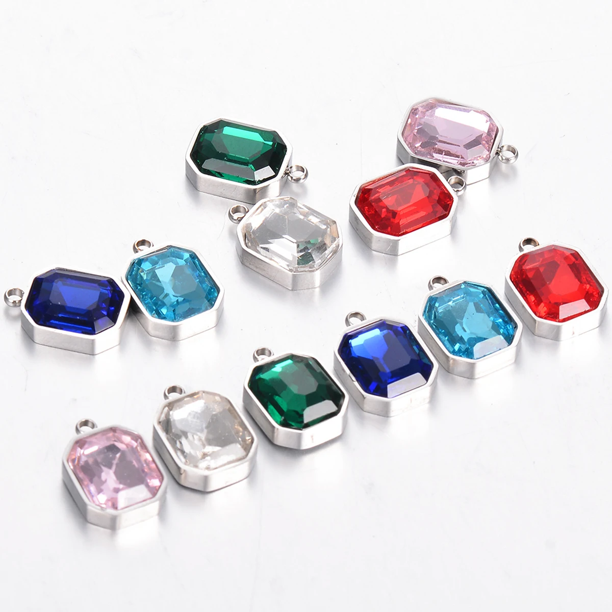 10pcs Stainless Steel Square Multicolour Cubic Zirconia Charms Pendant Silver Color for DIY Necklace Making Jewelry Accessories