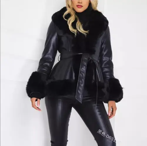 2025 Women's Casual Warm imitation Rabbit Hair Patchwork Leather Jacket Fashion Lapel Long Sleeve Belt Short Coat Winter New - Image 2