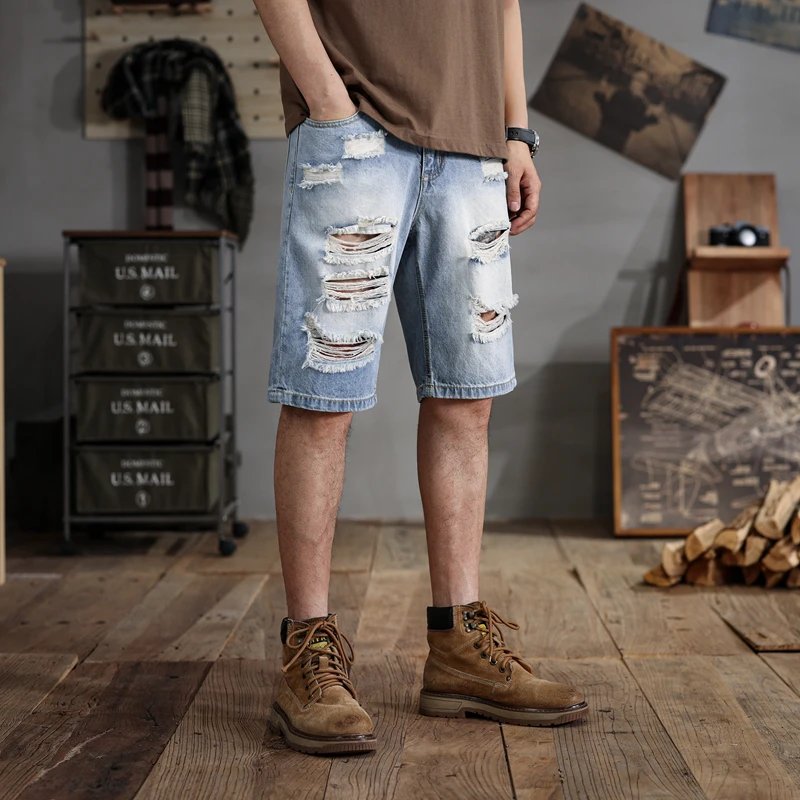 28-48size summer loose large size denim shorts men's ripped fashion trendy middle pants American motorcycle plus-sized shorts