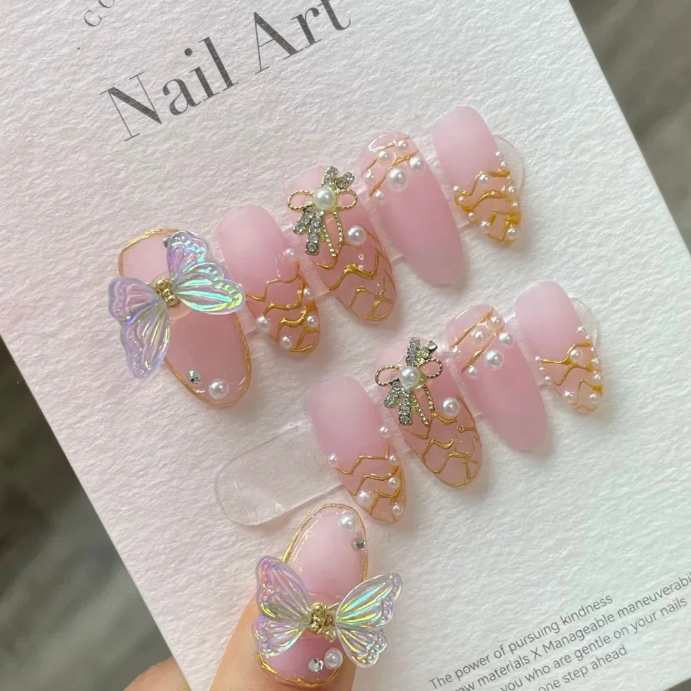 

Handmade Almond Pink Press on Nails with 3D Design Artifical Acrylic Wearable False Nails Full Cover Nail Tips Nail Art Manicure