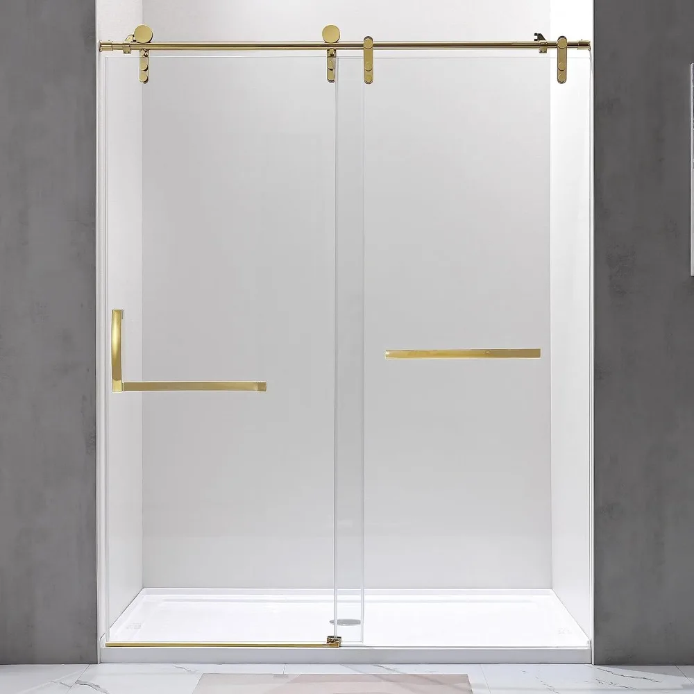 Shower Door Gold Frameless Sliding Shower Door with Additional Towel Bar, 56-60.in W x 75.in H Shower Glass Door with 5/16" 8mm 2