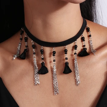 Fashion Red Black Velvet Necklace for Women Boho Sexy Tassel Lace Choker Necklace Girls Party Festival Jewelry Gifts