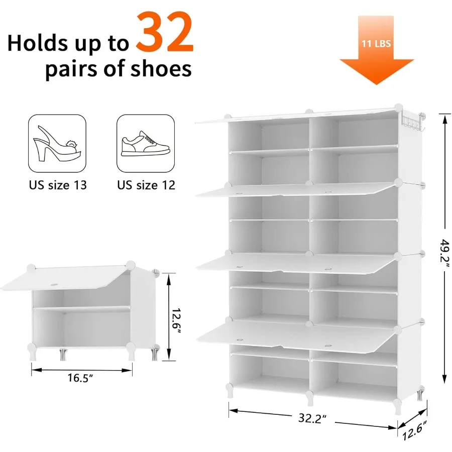 Shoe Rack 8 Tier Shoe Storage Cabinet with Door 32 Pair Shoe Organizer Shelves for Closet Hallway Bedroom Entryway White