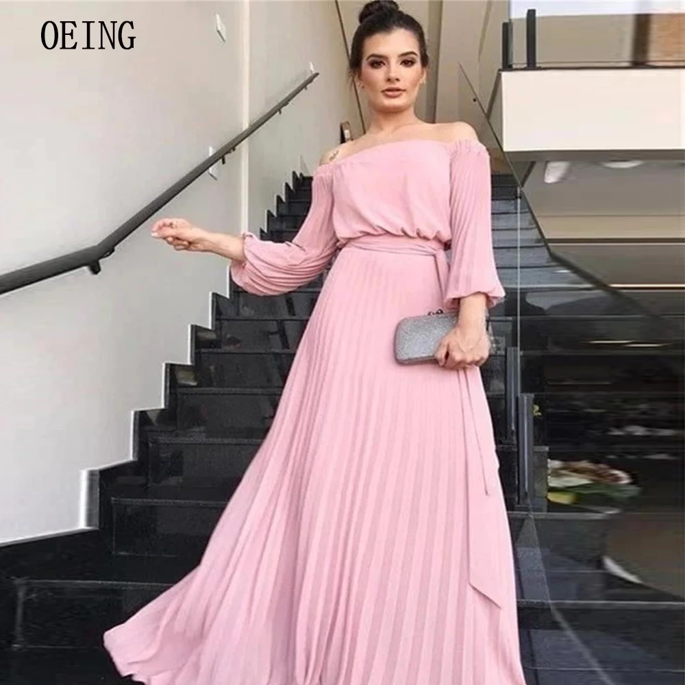 

OEING Graceful Boat Neck Homecoming Dresses Long Sleeves Chiffon Evening Prom Gown Floor Length Dubai Arabic 2024 فساتين السهرة