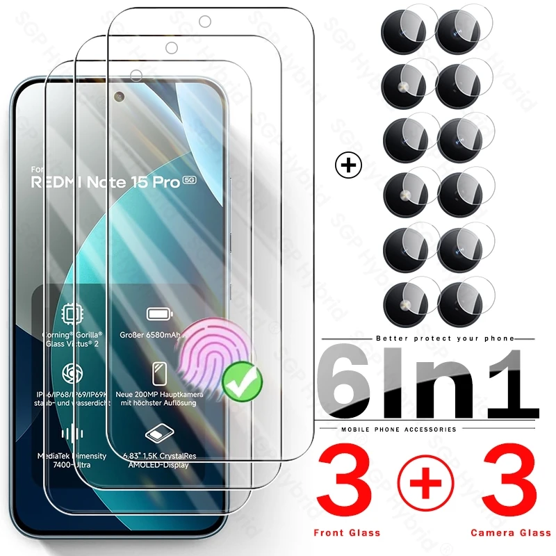 Protectores de pantalla de vidrio templado 6 en 1 9H para Redmi Note 15 Pro 5G 4G, vidrio de cámara Redmy Note15Pro 5G 25060RABDG,25080RABDG 6,83"