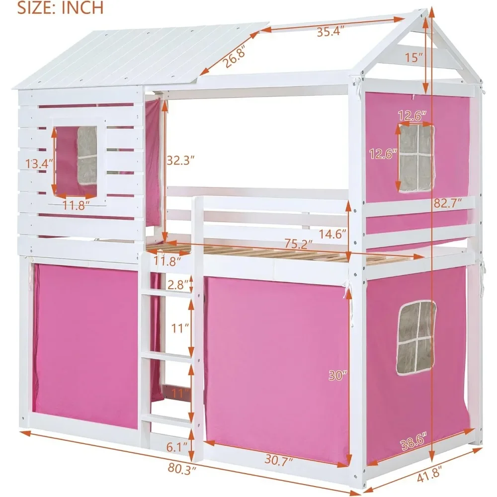 Twin Over Twin Bunk Bed with Tent, Wood Twin Size House Bed Frame, Pink+White Modern Plywood, Pine Wood, MDF House Bunk Bed 2