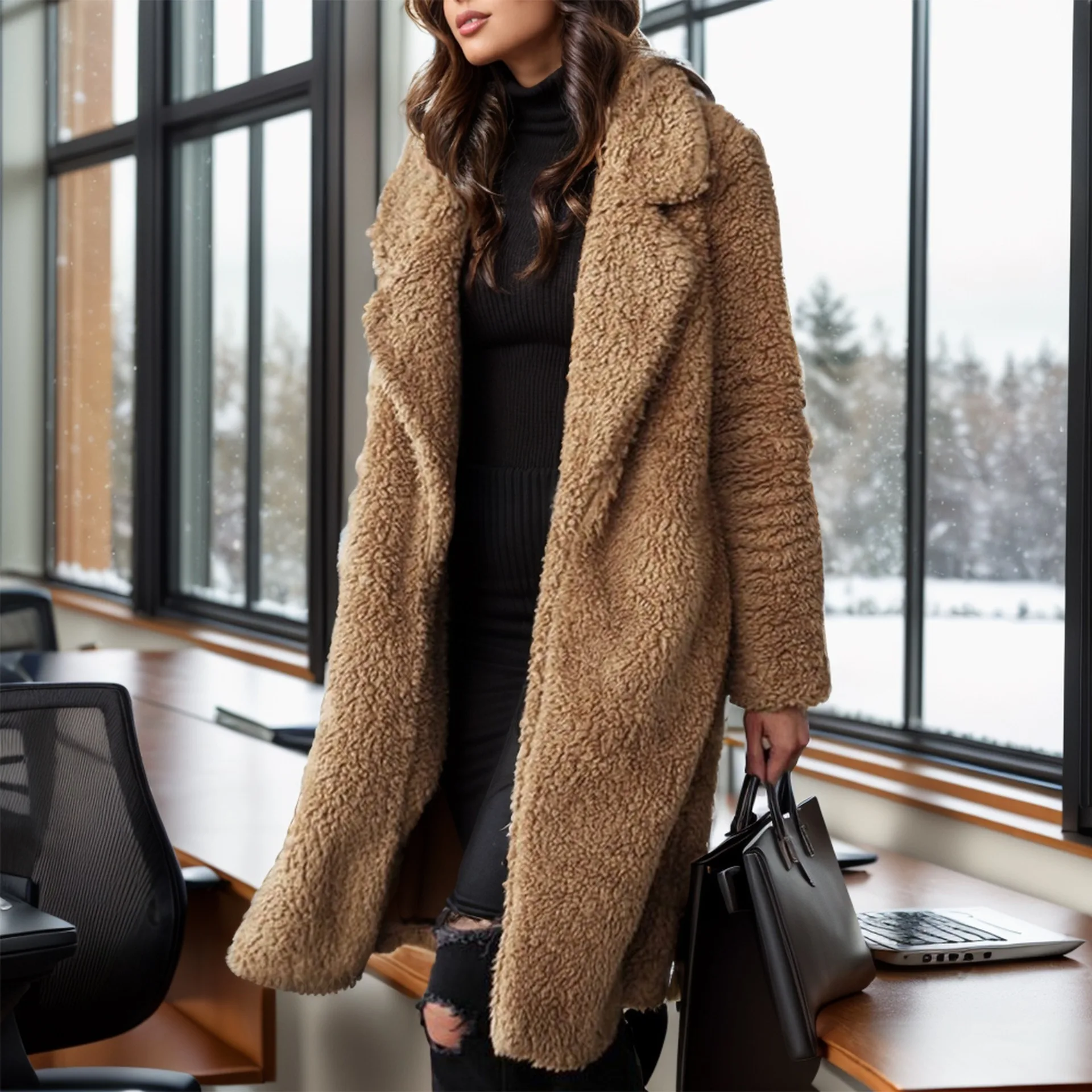 Herbst Winter Damen Beiger Langer Sherpa-Mantel Revers Flauschige Teddy-Jacke Lässige Winter-Oberbekleidung – Detail 3