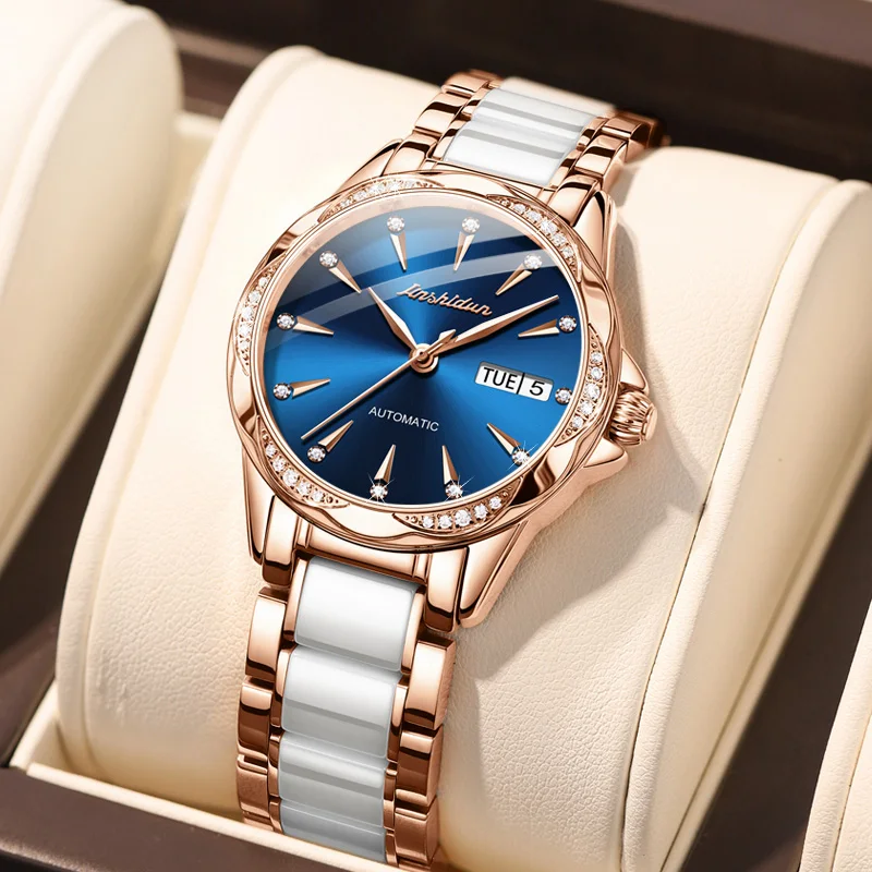 Ladies Wristwatch Ceramic Stainless Steel Watch for Women Luxury Diamond Pearl Shell Dial Elegant Automatic Mechanical Watches