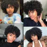 Perruque courte bouclée coupe lutin avec frange sans colle Afro crépus bouclés perruques de cheveux humains brésiliens pour les femmes prêt à l'emploi perruque faite à la Machine 4