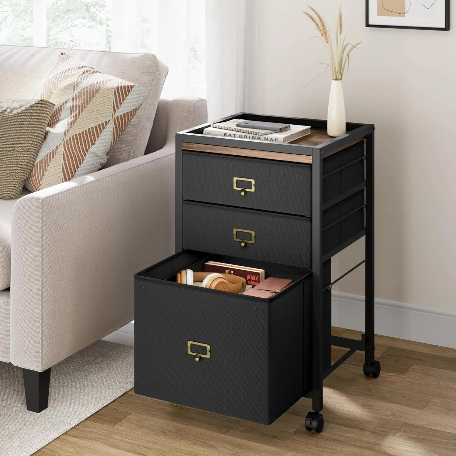 3-Drawer Mobile File Cabinet on Wheels for Home Office, Fits Letter/A4 Size, Vertical Storage, Rustic Black