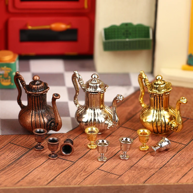 1Set 1:12 Dollhouse Miniature Wine Set Wine Jug Teapot Mini Flagon W/Cup Tableware Model Decor Toy Doll House Accessories