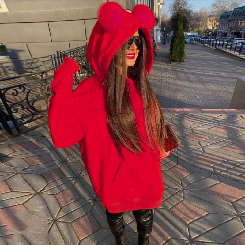 European and American Women's 2023 Autumn and Winter New Fashion Solid Color Wild Cute Plush Ears Hooded Long-sleeved Sweater