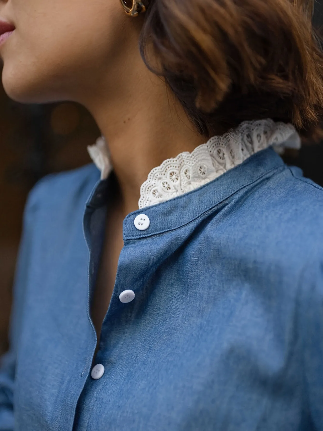 Fashion French Style Lace Splicing Cardigan Single-breasted Shirt Long-sleeved 2025 Autumn and Winter New Casual Blue Shirt Top