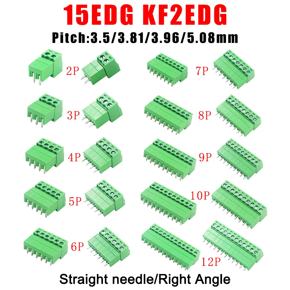 

5Pair 15EDG 3.81mm 2-12Pin PCB Screw Terminal Block Male Female Connector 2EDG Straight Needle/Right Angle Plug-in Header Socket
