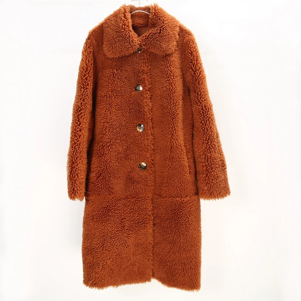 

2023 Fashion Brown Long Full Pelt Merino Sheepskin Fur Shearling Jacket Women Winter Slim Classic Natural Shearling Clothing