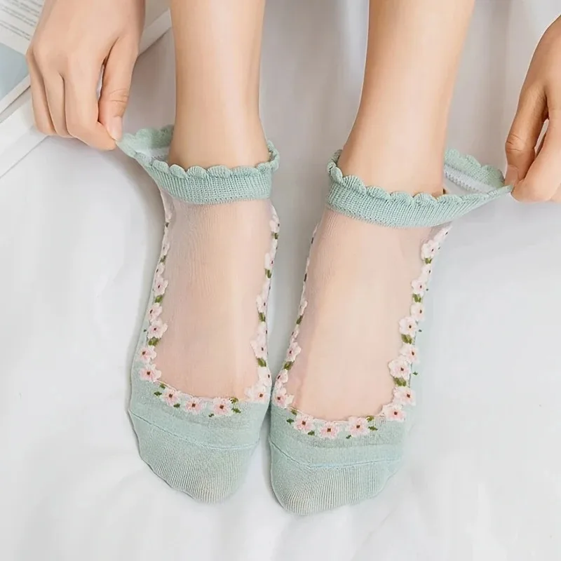 2 Pairs Women Floral Printed Transparent Socks Fashionable Cute Lace Sweat Absorbing Breathable Soft Comfortable Casual Socks